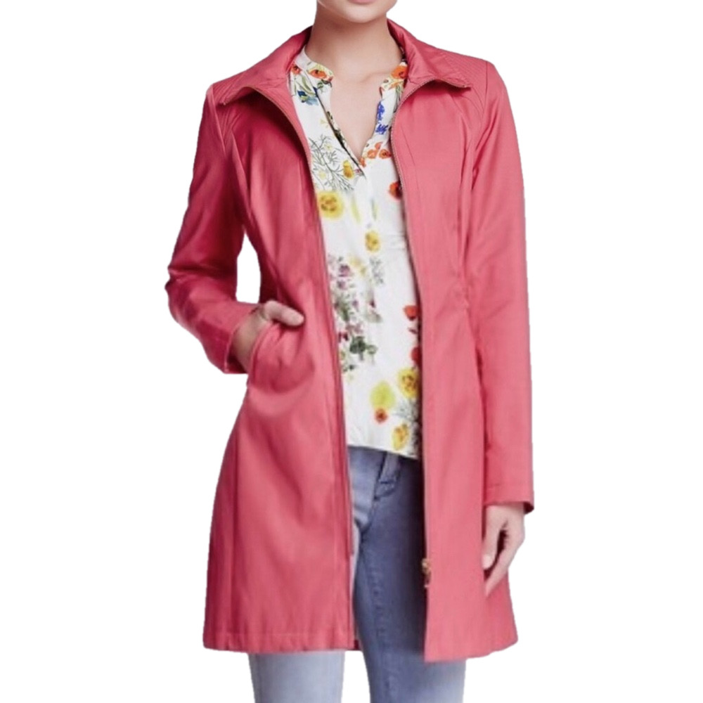 Via Spiga Rain Coat Coral Large Trench Coat Zip Up Water Repellent Women’s - Picture 15 of 16